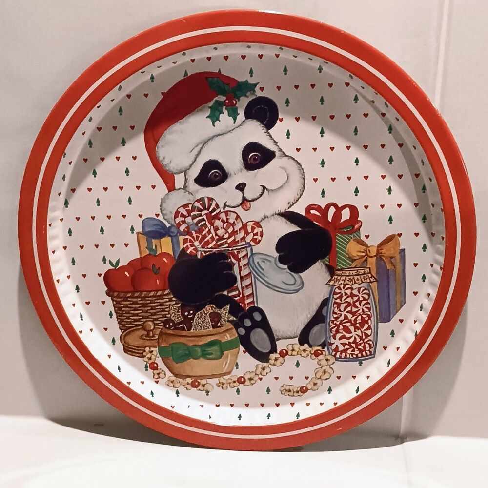 Vintage  Giftco Inc Christmas Panda Metal Serving Tray-1980s-Candy-Traditional